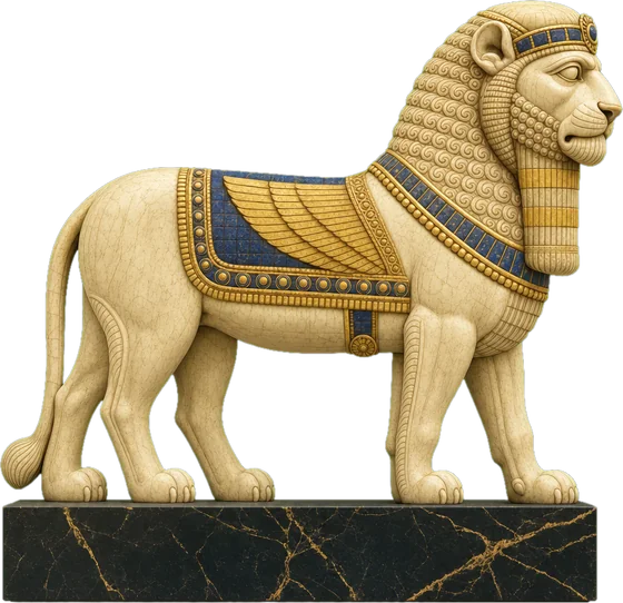 A carved lion statue on a dark stone plinth
