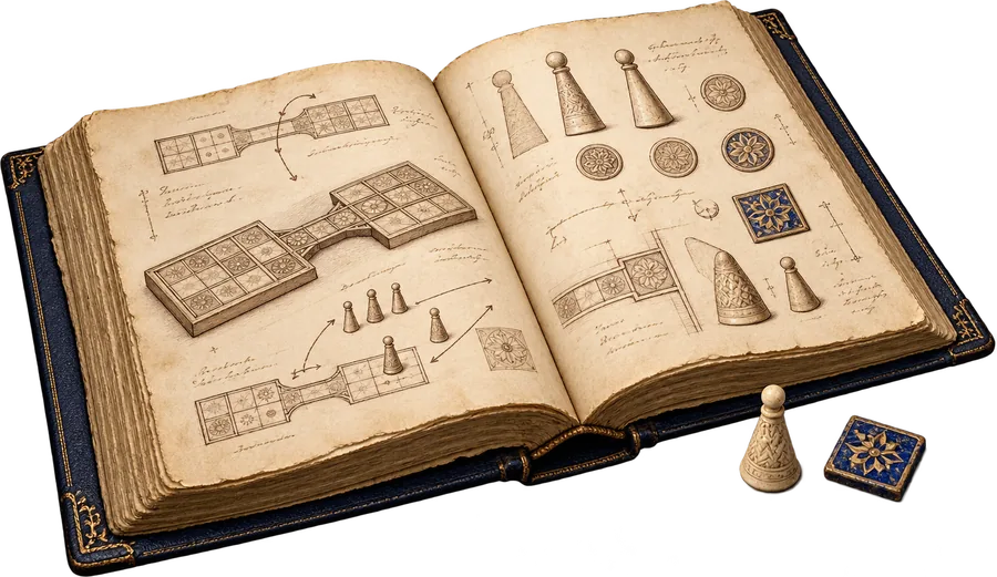 An open manuscript with drawings of an Ur board and game pieces