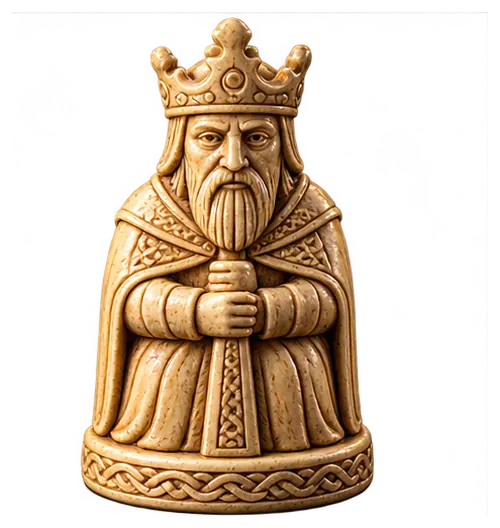 A carved bone king figure on a stone base