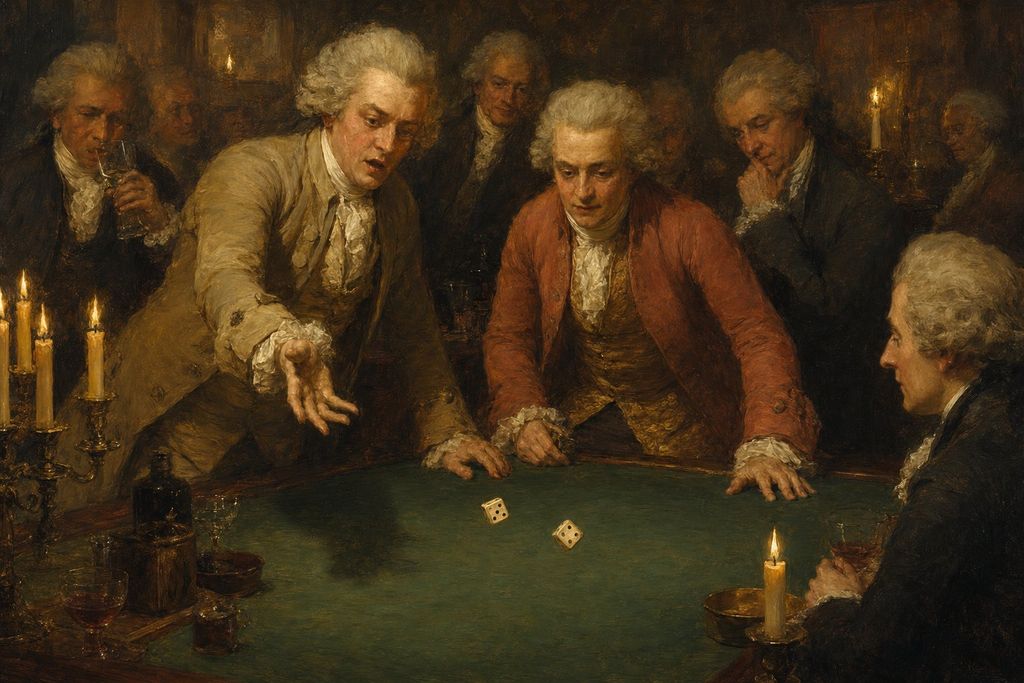 Georgian-era gamblers throwing dice on a green baize hazard table by candlelight