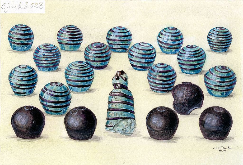 1939 drawing of the glass Hnefatafl pieces from grave Bj 523 at Bjorko, Sweden